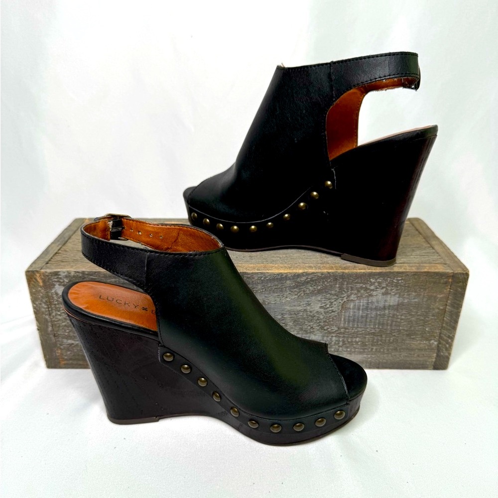 FREE- Lucky Brand Black Leather Platform Wedge Heels Sz 6.5